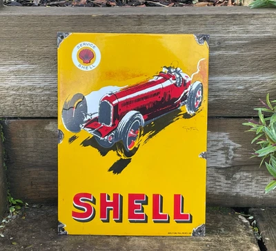 Vintage Shell Service Racing Enamel Advertising Sign Mancave Raised Letters Car - Image 1 of 4