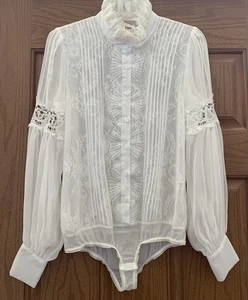 Jade & Cloud Silk Sheer Button Down Bodysuit Lace Feminine Victorian White Small - Picture 1 of 16