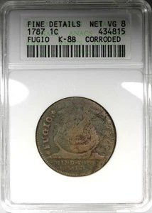 1787 Fugio Cent ANACS FINE Details Corroded K-8B R3 Soapbox Holder - Picture 1 of 4