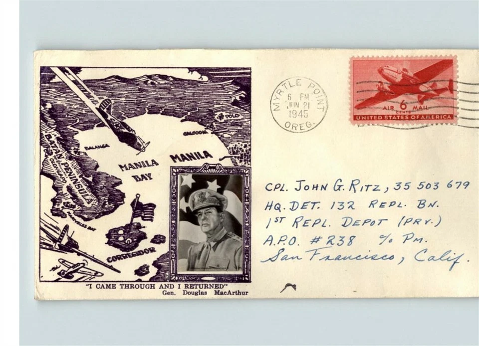 World War II Patriotic, CROSBY photo Gen. MacArthur, Map Manila Bay, 1945 - Image 1 of 1