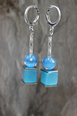 Ohrringe Würfel Ohrhänger Perlen Cateye Strass Türkis Blau Damen #LA021 - Bild 1 von 4