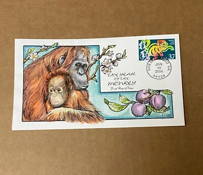 Collins pintado a mano FDC de Estados Unidos #3832 El año del mono 2004 Foto 1 de 3