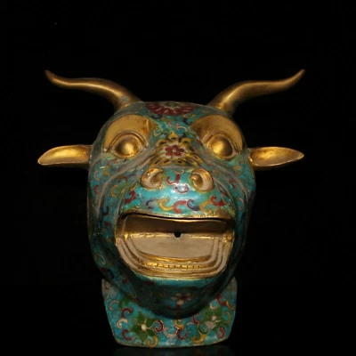 10,4-дюймовая китайская клуазоне медная статуя крупного рогатого скота старая латунная скульптура животного - Изображение 1 из 4