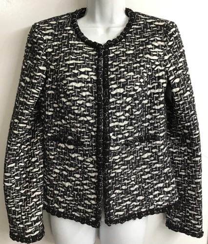 Giacca Chanel bianca e nera mista lana agganciata sul davanti tessuta taglia 40