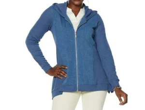 DG2 Diane Gilman Stretch Twill Knit Denim Jacket Hoodie MIDTONE XS NEW 645-034 - Picture 1 of 4