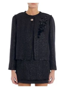 LANVIN Womens Black Fringed Top Snap Closure Party Open Front Jacket 42 - Picture 1 of 6