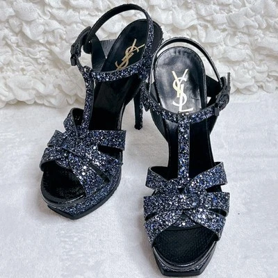 Sandalias Saint Laurent Tacones Azul Homenaje Brillo Lentejuelas Talla EU 39 US 9 Foto 1 de 4