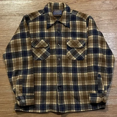 Vintage Pendleton Brown & Navy Wool Loop Collar Flannel Large Board Shirt USA - Image 1 of 4