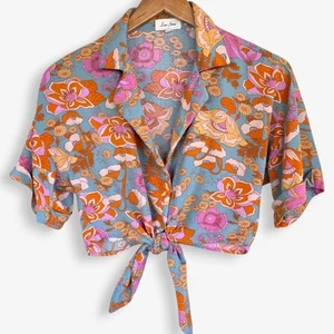 Love Notes Retro Floral Tied Crop Top Womens Small S Boho Flowercore Earthy - Picture 1 of 14