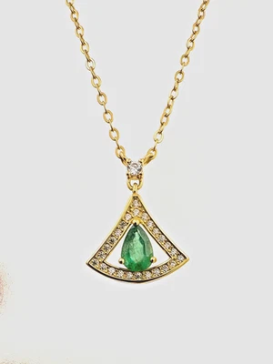 Smeraldo & Zirconi Ciondolo & Catena 43cm - 42.9cm IN,Argento 925 Oro Plated & - Immagine 1 di 2