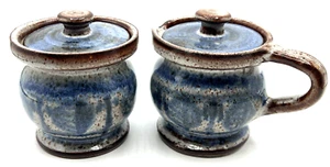 Artisan Stoneware Cream & Sugar Containers Glazed Blue and Brown Speckled w/Lids - Picture 1 of 24