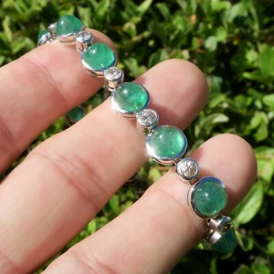 Increíble Brazalete Tenis Oro Blanco 18k Cabujón Natural Esmeralda y Diamante Foto 1 de 4