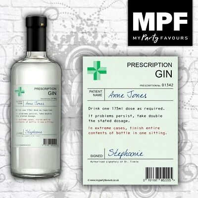 Personalised Prescription Gin Bottle Label Novelty Birthday Christmas Gift xmas - Image 1 of 4