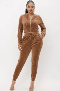 Velour Jogger Set With Crop Hoodie - Picture 1 of 8
