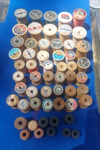 Vintage Lot Of 56 Old Wooden Sewing Thread Spools Various Sizes Some With Thread - Picture 1 of 7