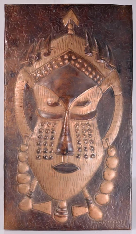 Vintage African Hammered Copper Folk Art Wall Plaque, Mask, Artist Signed! Cover