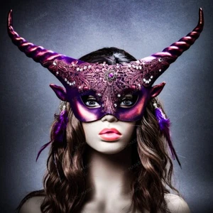 Lila Krampus sexy Damenspitze mit Hörnern & Ohrring Halloween Kostüm Party Maske - Bild 1 von 10