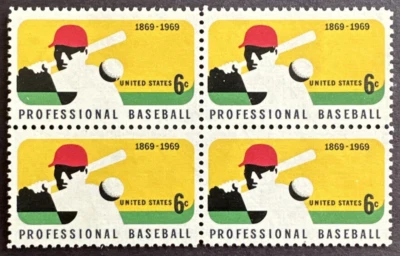 US 1969 Sc# 1381 Block of 4 MNH OG 6 Cent  Professional Baseball 100th Anniv. - Image 1 of 2