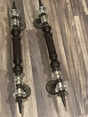 Lrg Ornate Vintage Door Pulls Brass Crystal? Wood Pair - Image 1 of 4