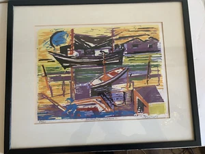 MODERNIST WOODBLOCK PRINT BY WERNER DREWES SOUTHERN HARBOR - Picture 1 of 6