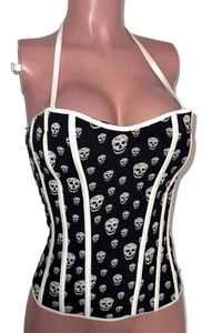 Y2K Black Halloween Skull Goth Corset Zip Halter Top NWT Vintage Deadstock 2K - Picture 1 of 2