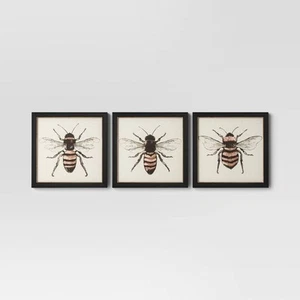 Print Canvas Set 3pk 12"x12" Bees Wall Art Canvases Modern Black Gold - Picture 1 of 8