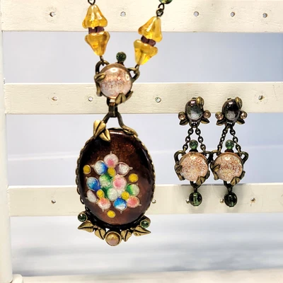Juego de Pendientes Collar Esmalte Vintage Dulce Romance Marrón Antiguo Tono Latón 18" Foto 1 de 4