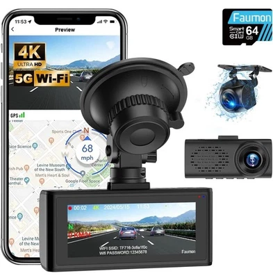 FAUMON Dash Front and Rear Camera 4k+1080p Dashcam GPS 5GHz WiFi Free 64GB Card