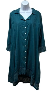 April Cornell Cotton Green Lace Trim Oversized Button Front Shirt Dress Size L - Picture 1 of 10