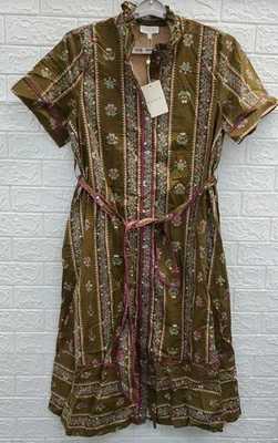 Nuevo Vestido ENTRO Cuello en V Cinturón Jardín Paseo Marrón/Multicolor Talla L Foto 1 de 4