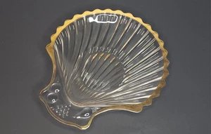 Vintage Scalloped Glass Seashell Shaped Trinket Candy Dish Gold Trim Beach Decor - Picture 1 of 8