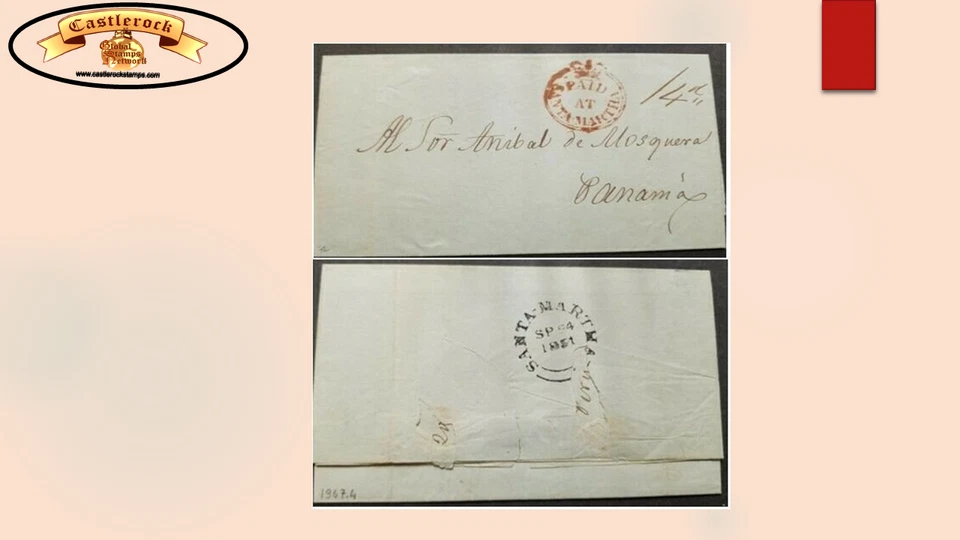 O) OFICINA BRITÁNICA 1851, CÍRCULO DE CUERVO EN ROJO, SANTA MARTHA, CIRCULADO A PANAMÁ Foto 1 de 1