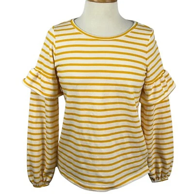 Antigua sudadera de manga larga con volantes a rayas amarillas azul marino blanca para mujer talla pequeña Foto 1 de 4