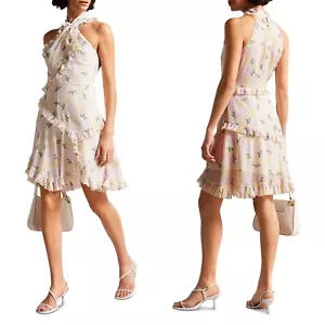 NEU MIT ETIKETT TED BAKER Multi Blumen CHIFFON Suttonn TWIST NECK Rüschen MINI KLEID 5/US 12 - Bild 1 von 21