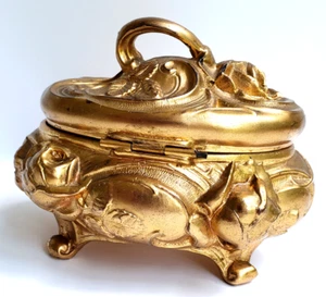 Antique Victorian Art Nouveau Jewelry Box Casket 24 KT Gold Plated Embossed Rose - Picture 1 of 13