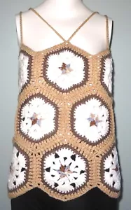 New Handmade Crochet Size XL (38 In) Brown African Flower Hexagon Blouse Tops - Bild 1 von 4