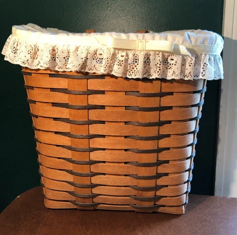 Vintage 1992 Longaberger Hanging Basket with Fabric Liner and Leather Handle Cover