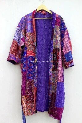 Silk patchwork handmade kantha jacket japanese kimono style kantha robe winter - Image 1 of 4