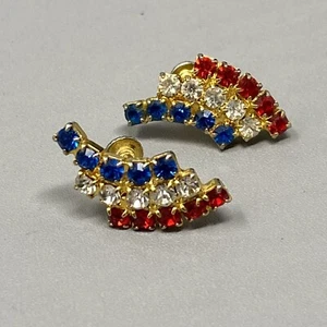 Rhinestone Earrings Red White Blue Glass Prong Rhinestones Patriotic Screw Back - Picture 1 of 11