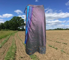 Womens Beach Long Wrap Skirt, 2 Layer Skirts, Purple Blue Printed Sari One size