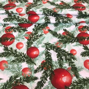 CHRISTMAS RED BAUBLES DECORATIONS ON WHITE FABRIC 100% COTTON FABRIC per metre - Picture 1 of 2