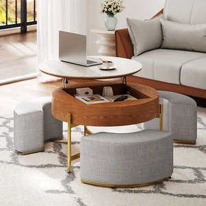 Lift-Top Coffee Table 32" L Round Marbling Pattern Slate with Storage 3 Stools - Picture 1 of 6