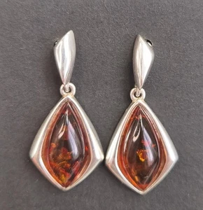 Pendientes colgantes vintage de plata de ley 925 y ámbar elegantes modernistas - Imagen 1 de 4