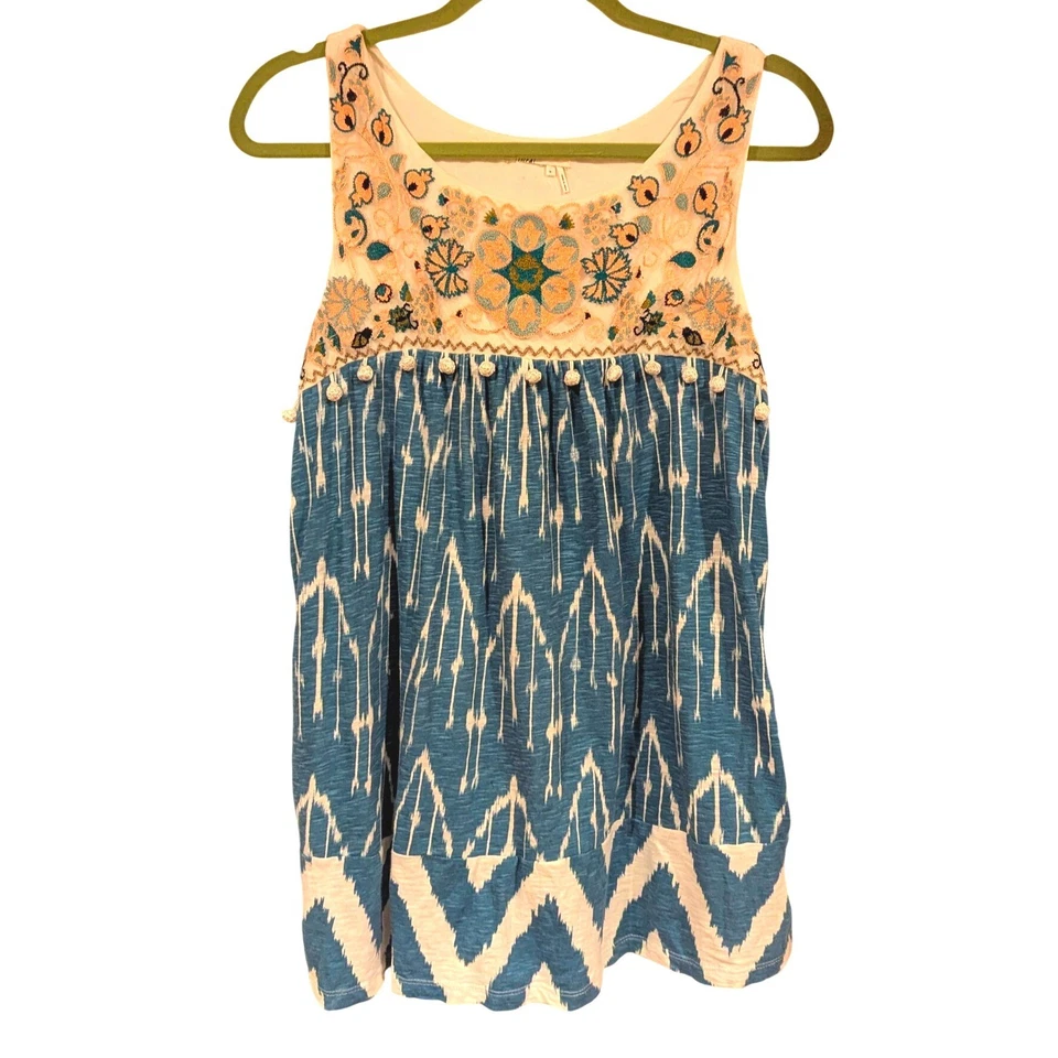 Camiseta sin mangas Floreat bordada verde azulado Ikat Boho Festival talla mediana Foto 1 de 4
