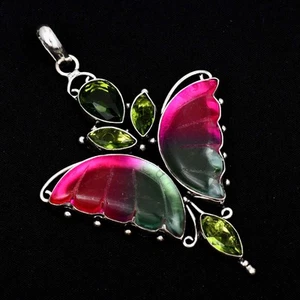 Bi-Color Tourmaline Peridot Gemstone Butterfly Pendant Jewelry 3.4" AP-19467 - Picture 1 of 1