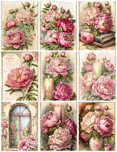 Set di nove pannelli in TESSUTO acquerello 2,5x3 pollici shabby chic peonies cotone - Foto 1 di 1