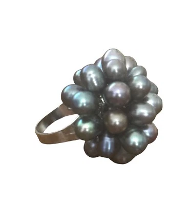 时尚戒指-深色珍珠珠-银色表带-可调节 — 第 1/3 张图片