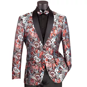 VINCI Men's Burgundy Metallic Floral Modern Fit Shawl-Collar Tuxedo Jacket - NEW - Picture 1 of 3