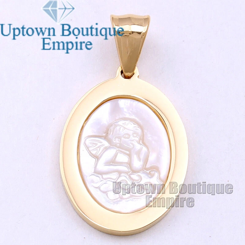 Colgante bebé ángel con caparazón ovalado chapado en oro/plateado de acero inoxidable para hombre*BA Foto 1 de 2