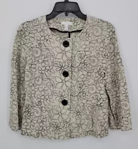 Charter Club Jacket Womens Medium Ivory Black Embroidered Floral Linen Blazer - Picture 1 of 7